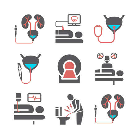 Bladder Cancer icons set. Symptoms, Causes, Treatment. Vector signs for web graphics.のイラスト素材