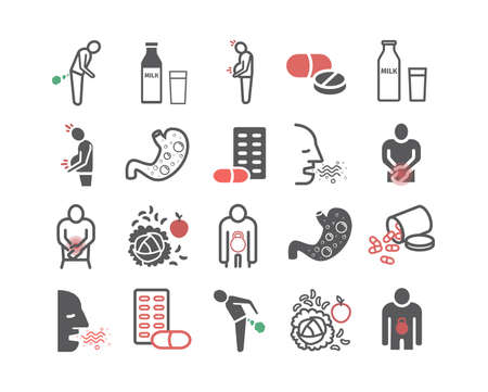 Flatulence. Symptoms, Treatment. Line icons. Vector signs for web graphics.のイラスト素材