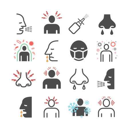 Rhinitis. Symptoms, Treatment. Line icons set. Vector signs for web graphics.のイラスト素材