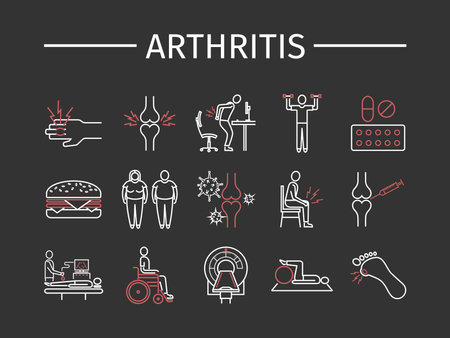 Arthritis. Symptoms, Treatment. Line icons set. Vector graphics for web use.のイラスト素材