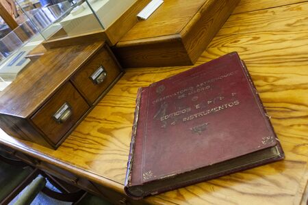 Madrid, Spain - July 2, 2019: an old book exhibited at the spanish national astronomical observatory