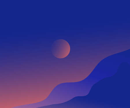 Vector landscape with blue silhouettes of towering mountains and hills against beautiful orange night sky. Silhouette of a high hill at dusk.のイラスト素材