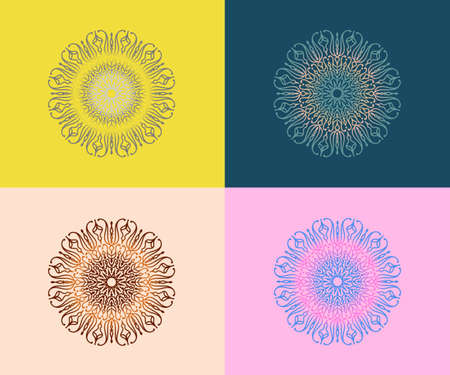 group of round gradient Mandalas, on colorful backgrounds, great for design materials, wedding invitations, wall decorations, fabric printsのイラスト素材