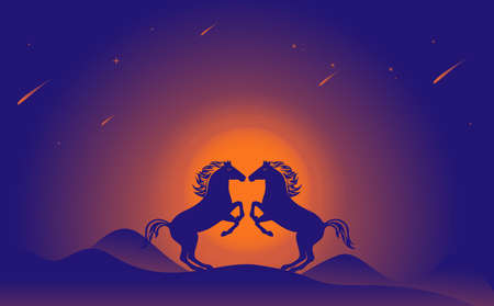 illustration of two horses standing, fighting for strength, horses making love, on the background of the circle of the moon and mountainsのイラスト素材