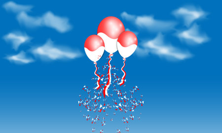 balloons floating in the sky, the clouds look bright with red and white balloons, good for Indonesia's independence day designのイラスト素材