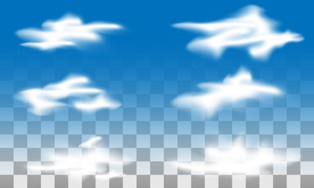set of realistic white clouds, with various shapes and transparent blue backgroundのイラスト素材