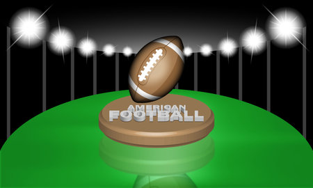 American football league illustration. With white lines and illuminated pitch side view at night, Sports building Stadium, 3D text effect and podium, professional background illustrationのイラスト素材