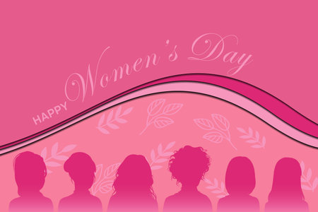 illustration of a greeting card for happy women's day, with various silhouettes of three beautiful women. Strong and courageous girls support each other. Sisterhood and friendship of women, pattern backgroundのイラスト素材