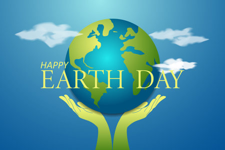 Earth day poster concept. Eco design 3d Earth map shape on cloud with hands below it, with save Earth concept. Happy Earth Dayのイラスト素材