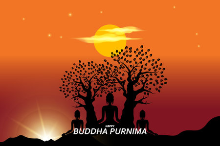 illustration of meditating Buddha under a tree, sunrise view and clearly visible moon above, early morning twilight, for Buddhist festival, Happy Buddha Purnima Vesak, this vector illustration Can be used for poster, banner, logo, background, print design, celebration elements Buddha Purnima Vesak.のイラスト素材