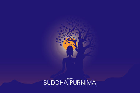 illustration of Buddhist meditation under a tree night time, clear moon view above, for Buddhist festival, Happy Buddha Purnima Vesak, poster, banner, backdrop, desi printのイラスト素材