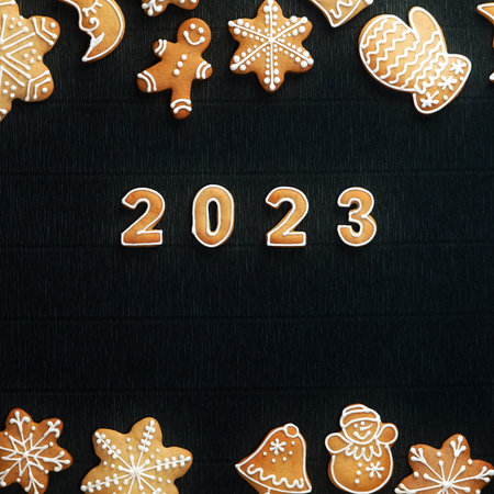 Cozy Christmas gingerbread set frame on a black background and the number 2023 in the Center. top...