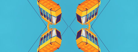 Abstract Symmetrical Illustration with Yellow Funiculars and blue sky in the background. flat style. Wide Panoramic Photoの写真素材