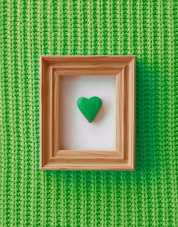 Valentines Day background with cookie heart in a wooden frame and knitted background. Green color
