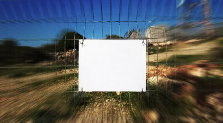 A piece of paper on the fence. Clean white blank billboard on the fenceの写真素材