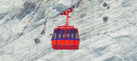 Red Funicular on Rosh Hanikra at the Israels northern border. Mediterranean sea, Israel. Wide photo Wallpaperの写真素材