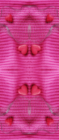 Pink Love Banner with Small Hearts. Symmetrical Web Background. Cute Knitted Backdropの写真素材