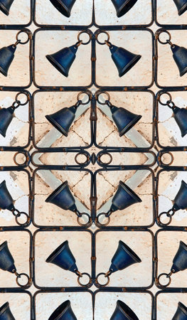 Christmas Decor. Symmetric Rustic Fence decorated with Bells. Lawn and Garden Accessories