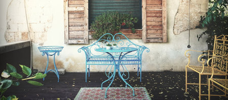 The interior of an Italian cafe on the street. Interior solution. Summer. Outdoor