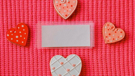 Heart-Shaped Cookies Surrounding a Blank Tag on a Pink Textured Backgroundの写真素材