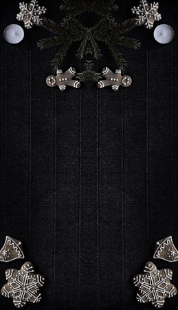 Symmetrical Grunge Christmas Banner. Dark Background Happy New Year. Gingerbread Man and Christmas...