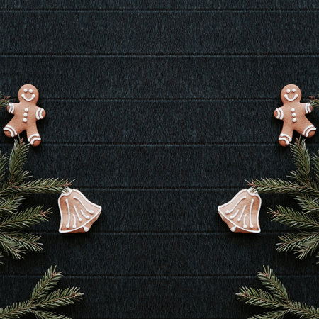 Gingerbread and Christmas tree branches on a dark paper craft background. Happy New Year Conception