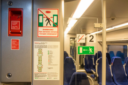 Signs in the modern train interior.railway carriage number 2の写真素材