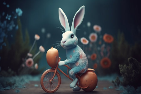 Easter bunny with basket and egg on old wooden background. 3d rendering.の素材