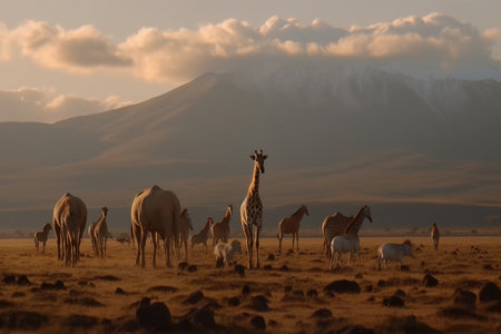 Giraffe and camels in the savanna of Etnaの素材