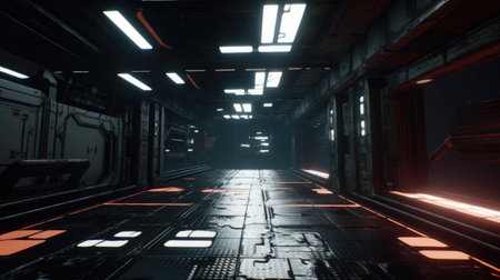 Futuristic corridor with glowing lights. 3D Rendering.の素材