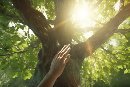 Hands of a young woman reaching for the sun through a treeの素材