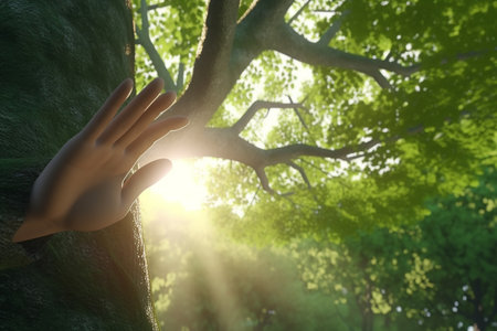 Human hand reaching out from behind a tree. 3D rendering.の素材