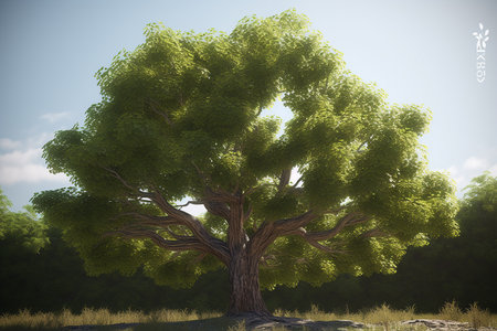 Old big tree in the meadow with blue sky, vintage styleの素材
