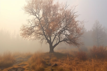 Autumn landscape with a lonely tree on a foggy meadowの素材