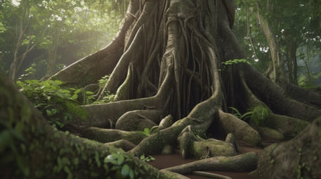 The roots of a large tree in the rainforest. Nature backgroundの素材
