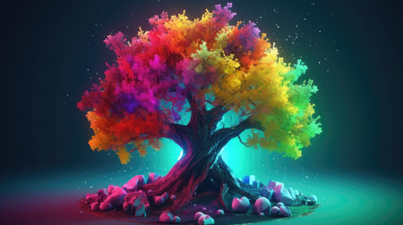 3d rendering of a colorful tree in the form of a rainbowの素材