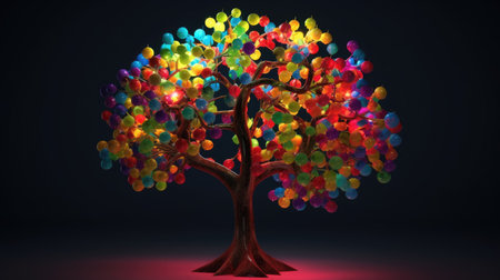 Colorful tree on a dark background. 3d rendering, 3d illustration.の素材