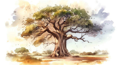 Watercolor illustration of a big old oak tree in the park.の素材