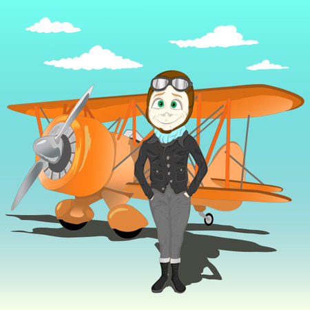 girl pilot near the planeのイラスト素材