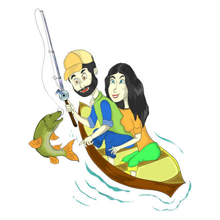 a couple of lovers are fishing on a boatのイラスト素材