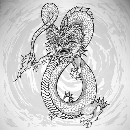angry asian dragon on dark backgroundのイラスト素材