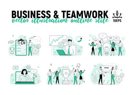 Business and teamwork vector illustration outline style. Office work and corporate culture.のイラスト素材