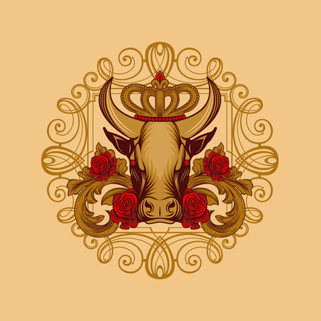 Crowned bull with roses vector illustrationのイラスト素材