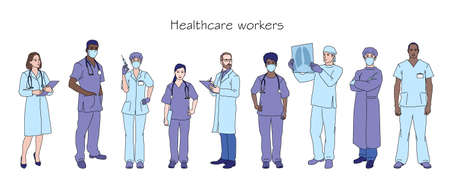 doctor group vector. health care workers illustration. Nurses, surgeons and therapists in uniform.のイラスト素材