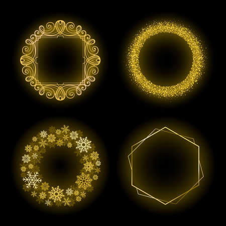 Golden frames vector set. Luxury borders on black background.のイラスト素材