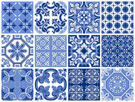 Azulejo ceramic tile set. Traditional Portuguese ornament in blue palette.のイラスト素材