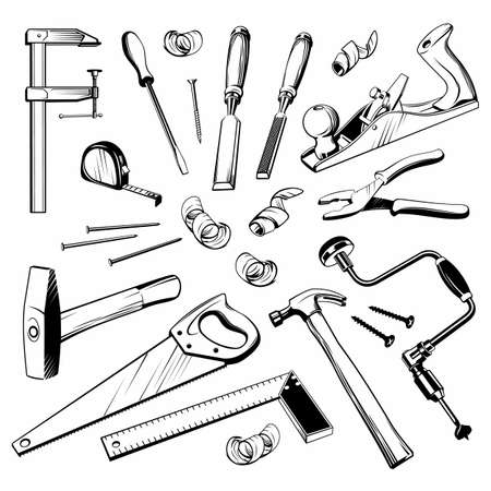 Carpentry kit illustration. Joinery vector set. vintage woodworking tools.のイラスト素材