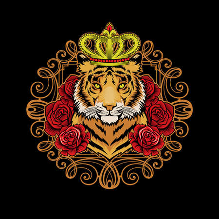 Crowned tiger with roses vector illustrationのイラスト素材