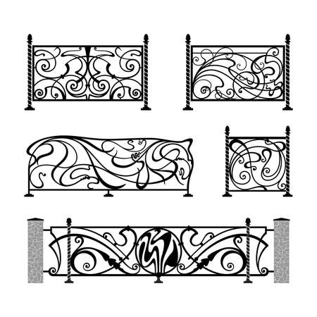 Forged elements vector set. Metal fences, lattice in Art Nouveau style. Decor for iron works.のイラスト素材