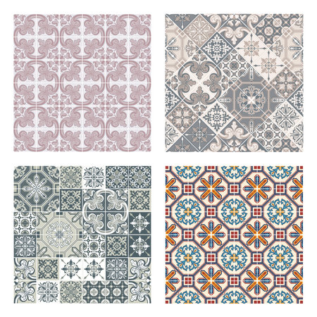 Azulejo ceramic tile. Traditional Portuguese ornament in pastel palette. vector seamless pattern.のイラスト素材